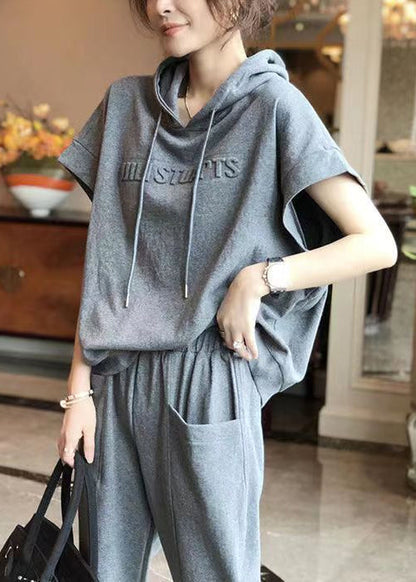 Grey Hooded Sport Suit Cotton Two Pieces Set Summer