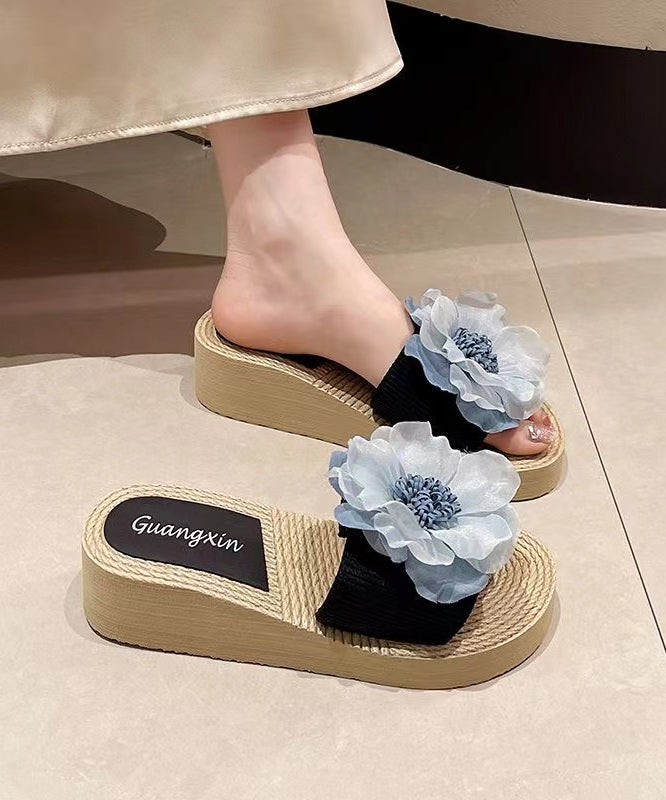 Black Wedge Slide Sandals Peep Toe