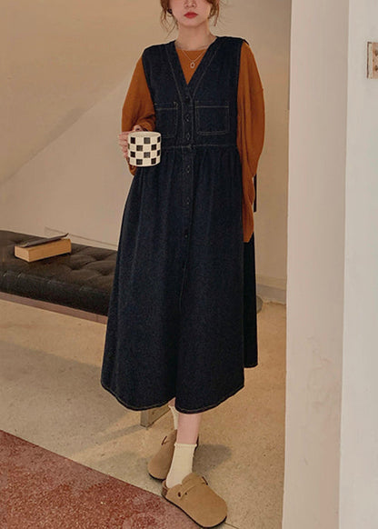 New Navy Button Tops and Waistcoat Dress Denim Two Pieces Set Spring