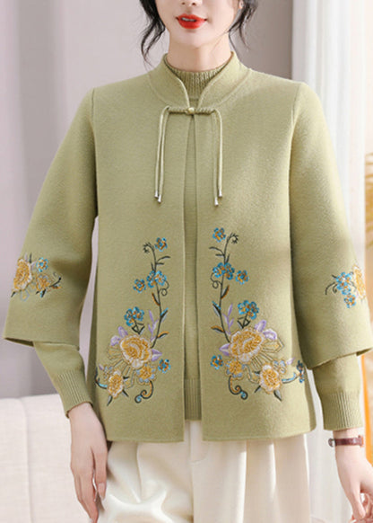Art Green Stand Collar Cotton Knit Coats and Sweater Two Pieces Set Fall