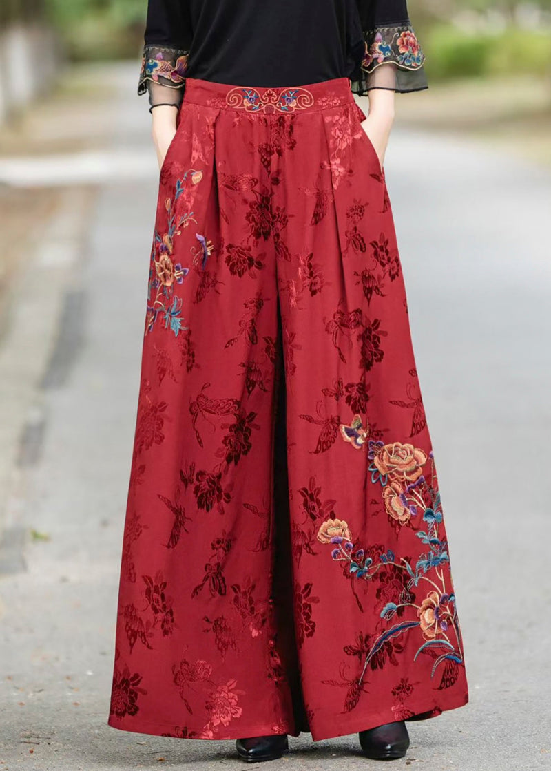 Red Pockets Jacquard Silk Pants Elastic Waist Fall