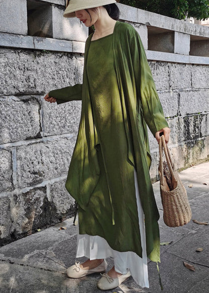 Modern Green Tie Waist Cotton Long Cardigans Summer