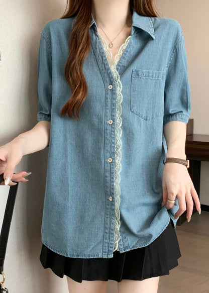 Blue Oversized Lace Patchwork Denim Shirts Summer