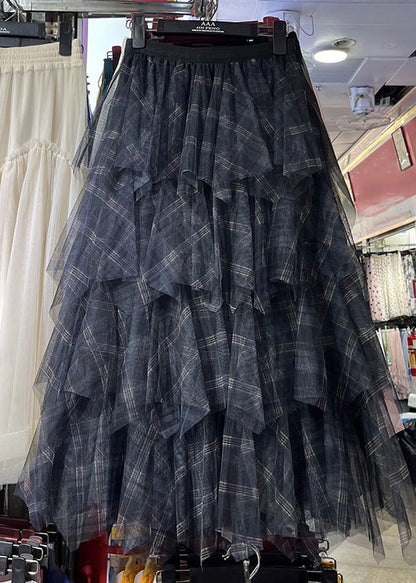 Khaki Asymmetrical Plaid Elastic Waist Layered Tulle Maxi Skirts Spring