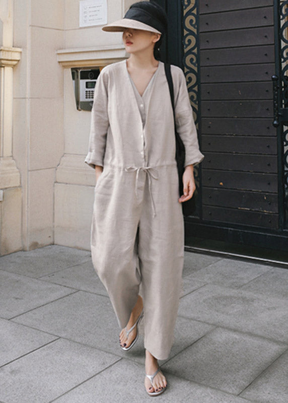 Grey V Neck Button Linen Jumpsuit Spring