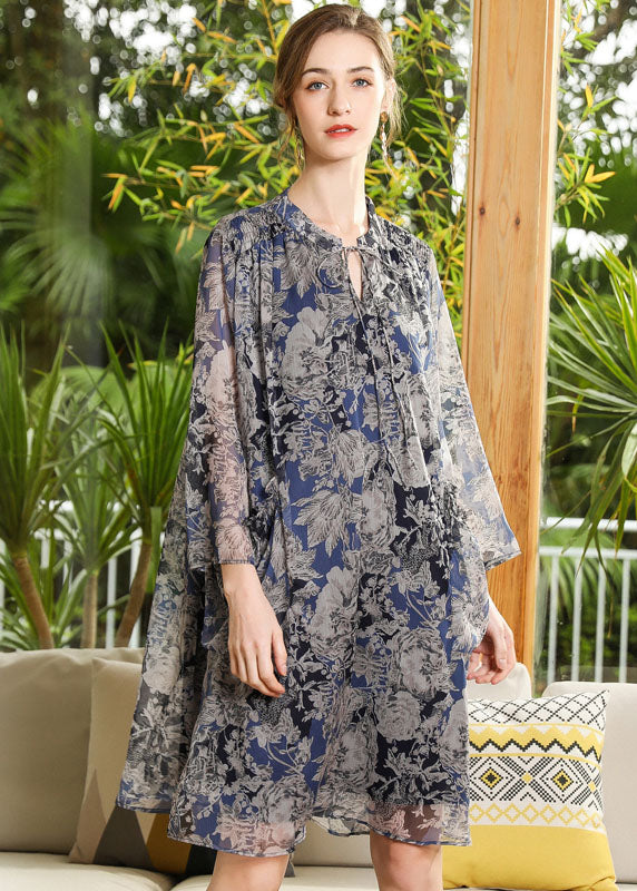 Stand Collar Oversized Print Chiffon Holiday Dress Long Sleeve