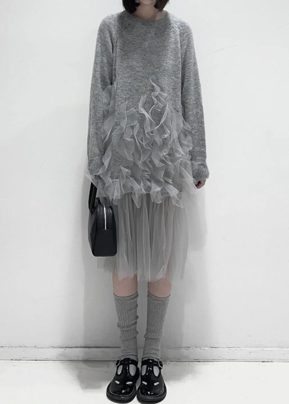 Art Grey Ruffled Tulle Patchwork Knit Dress Fall