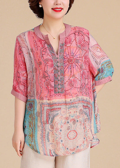 V Neck Print Cotton Blouse Tops Summer