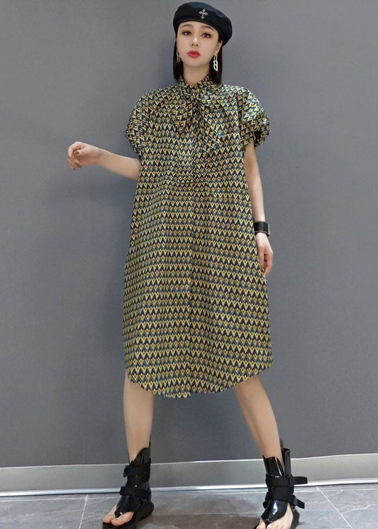 Original Stand Collar Print Cotton Shirt Dress Short Sleeve