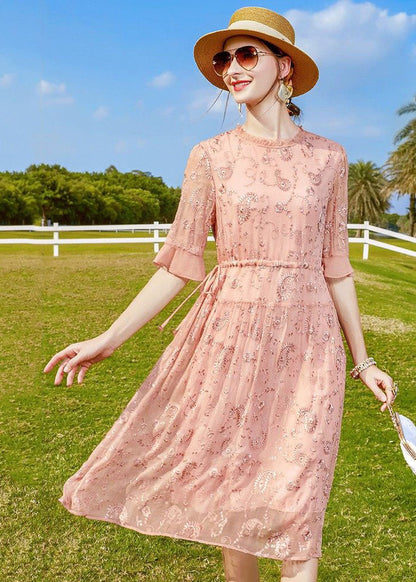 Pink Ruffled Embroideried Tie Waist Silk Cinch Dress Half Sleeve Summer