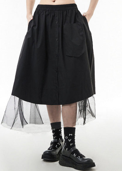 Natural Black Elastic Waist Pocket Tulle Patchwork Skirts Spring