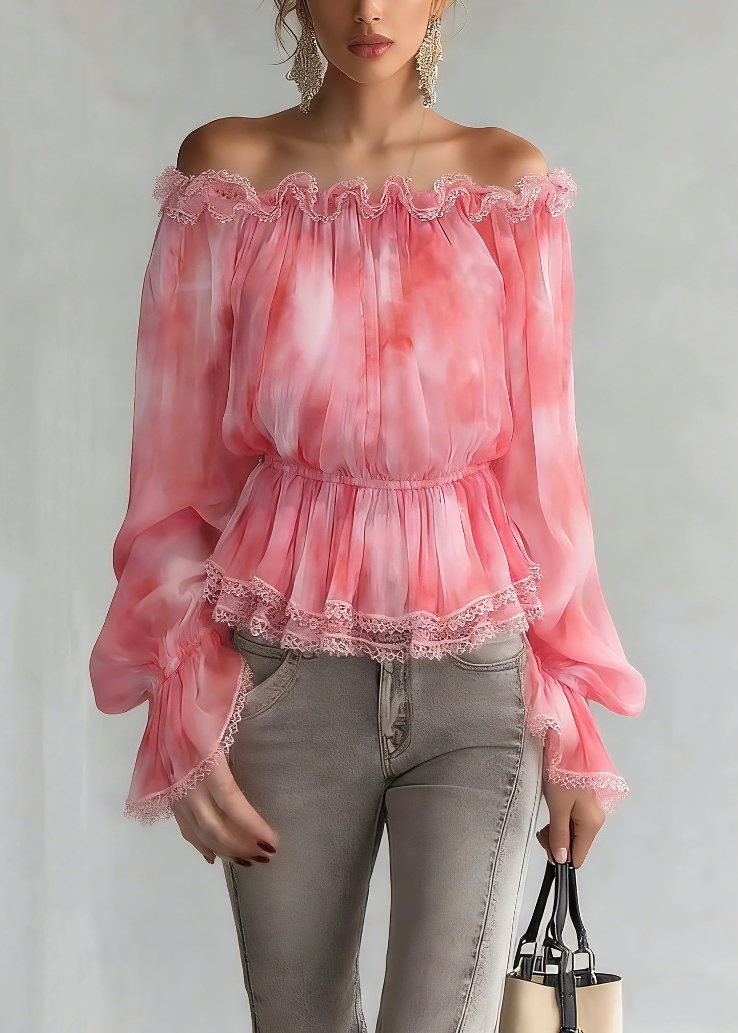 Red Slash Neck Patchwork Tunic Silk Shirts Spring