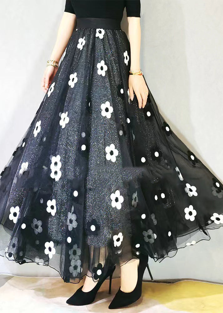 Black Embroidered Elastic Waist Tulle Skirt Spring