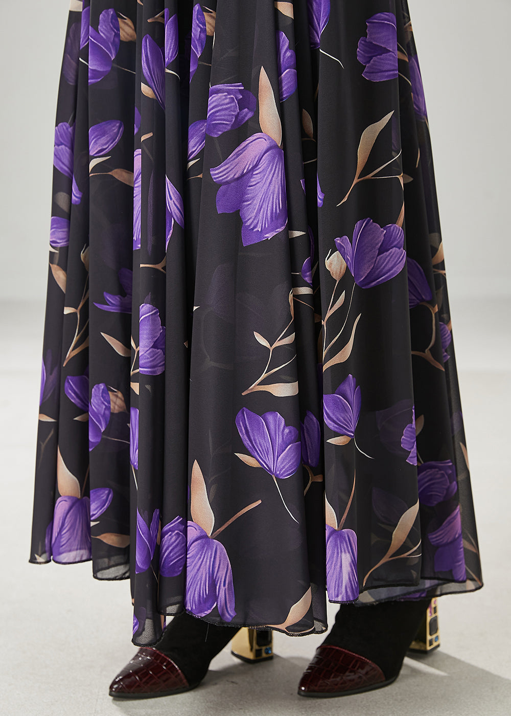 Black Tulip Print Exra Large Hem Chiffon Skirt Spring