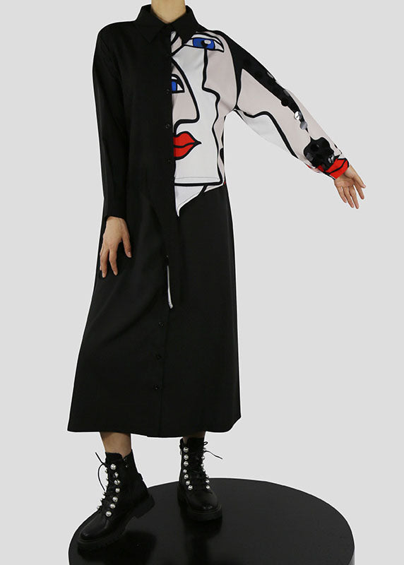 Black Peter Pan Collar Button Print Shirt Dress Spring
