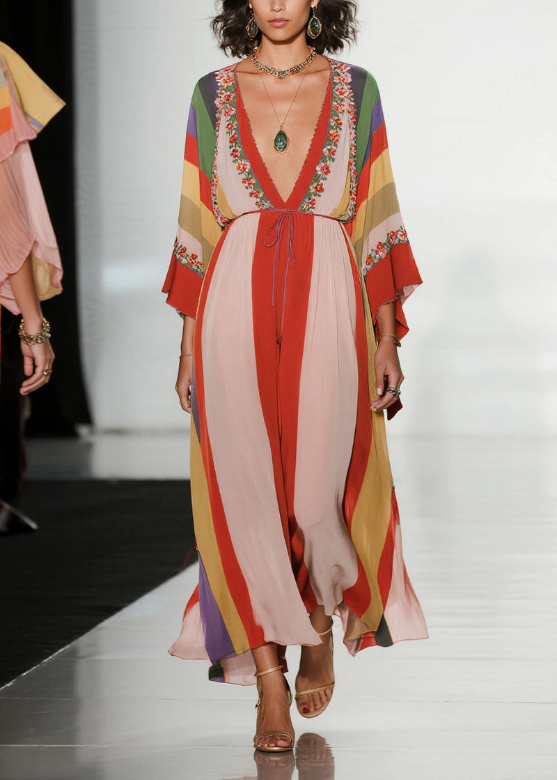 Colorblock Deep-v Neck Striped Chiffon Dress Summer