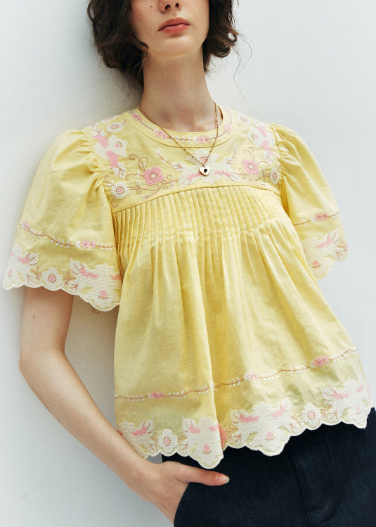 Yellow Embroidered Puff Sleeve Cotton Shirt Summer
