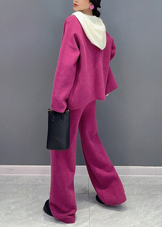 French Rose Hooded Tops and Pants Woolen Two Piece Suit Set Fall