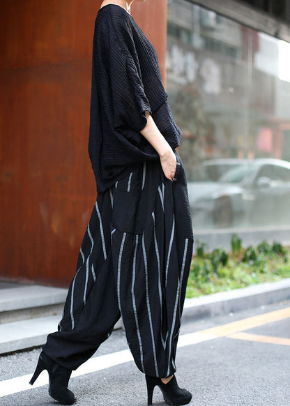 French Black O-neck Bat Wing Sleeve + Striped Patchwork Harem Pants Two Pieces Set Spring