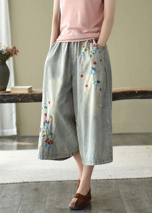 Comfy Grey Embroideried Wide Leg Denim Pants for