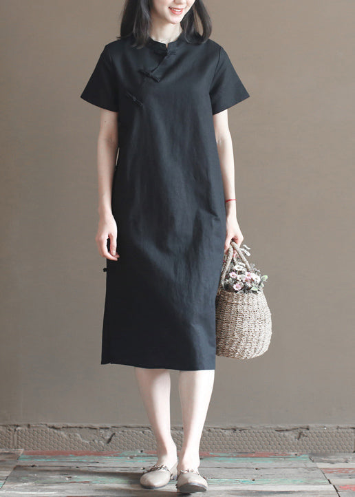 Classy Black Stand Collar Oriental Button Cotton Linen Cheongsam Dresses Short Sleeve