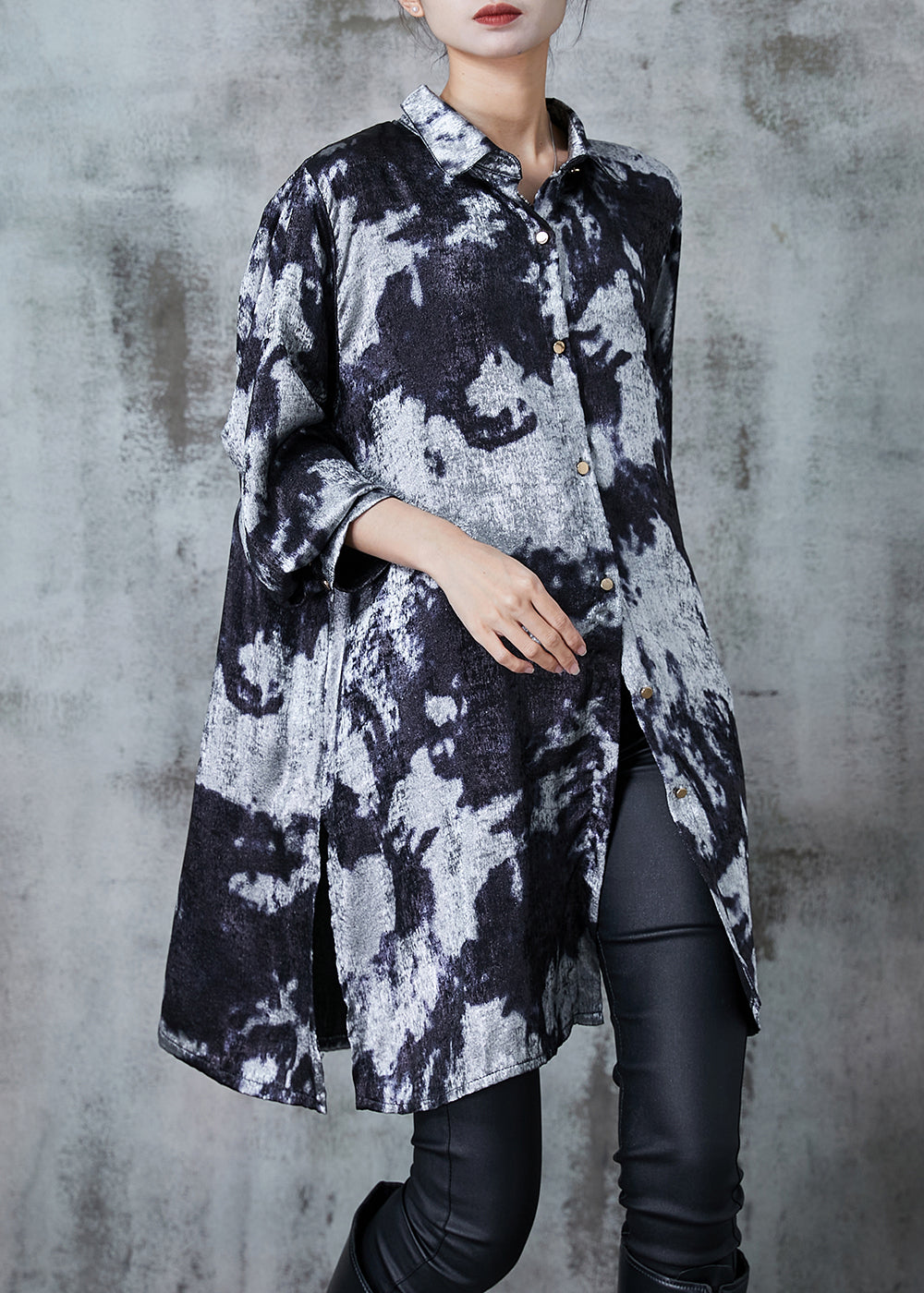 Grey Oversized Tie Dye Silk Printing Shirt Dress Fall