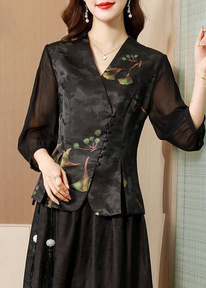 Black V Neck Patchwork Slim Fit Silk Two Pieces Set Half Sleeve