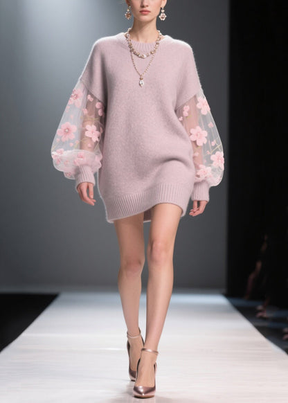 Light Purple Patchwork Tulle Thick Long Sweater Fall