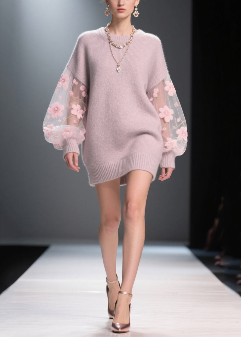 Light Purple Patchwork Tulle Thick Long Sweater Fall