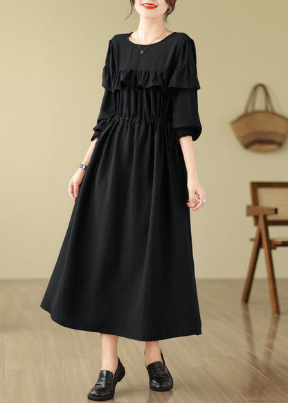 French Green O-neck Ruffled Patchwork Drawstring Party Long Dress Fall