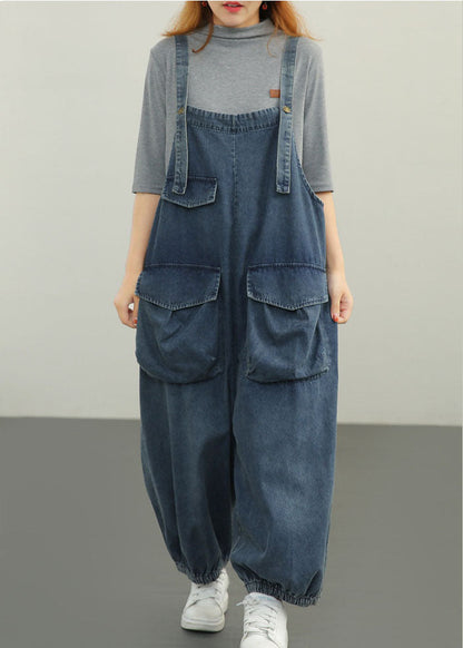 Blue Pockets Cotton Denim Jumpsuit Spring