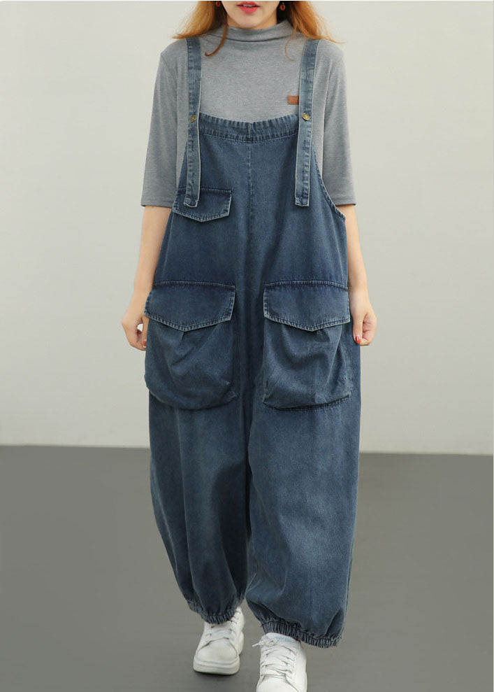 Blue Pockets Cotton Denim Jumpsuit Spring
