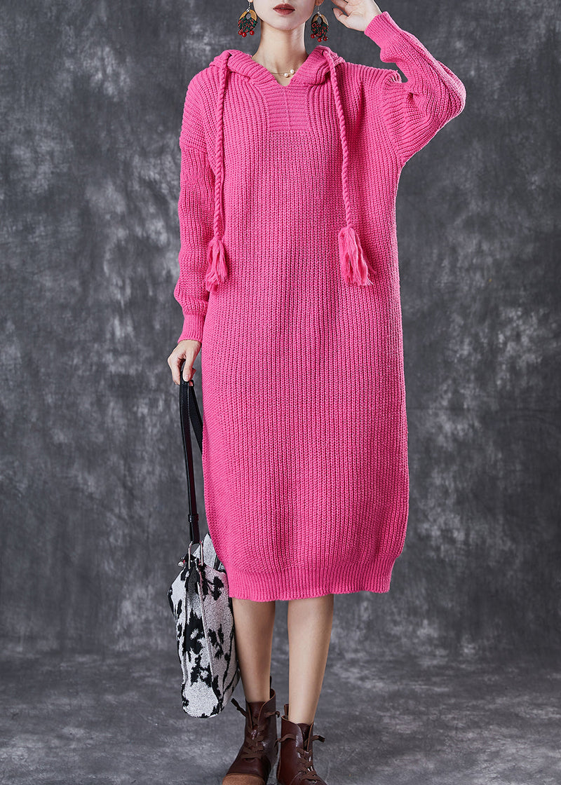 Diy Rose Hooded Drawstring Knit Pullover Sweatshirt Dress Fall