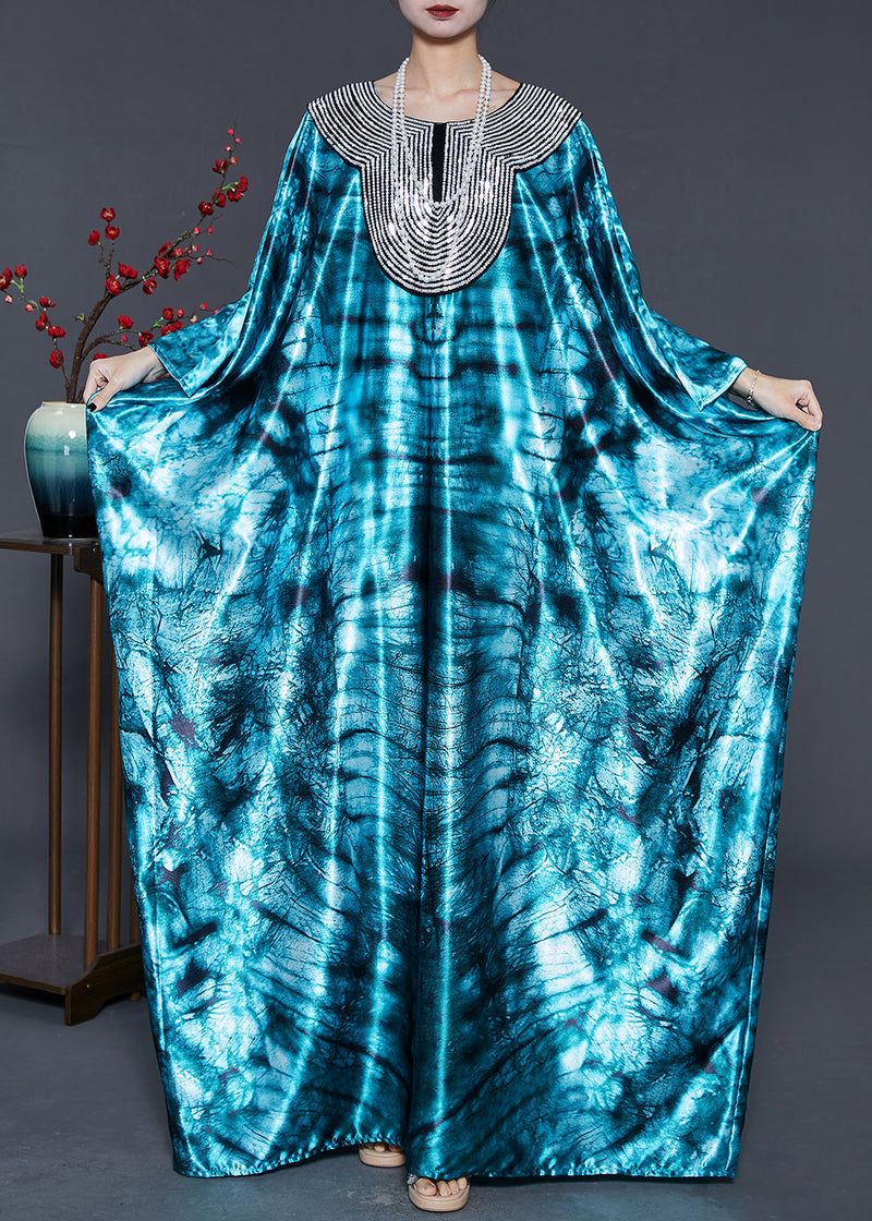 Green Oversized Tie Dye Silk Dress Batwing Sleeve