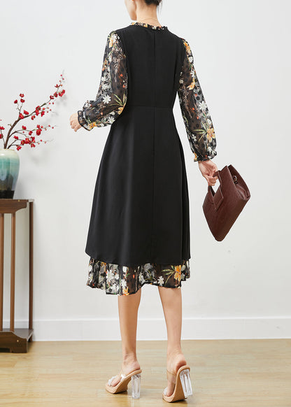 Classy Black Cinched Patchwork Silk Fake Two Piece Dress Spring