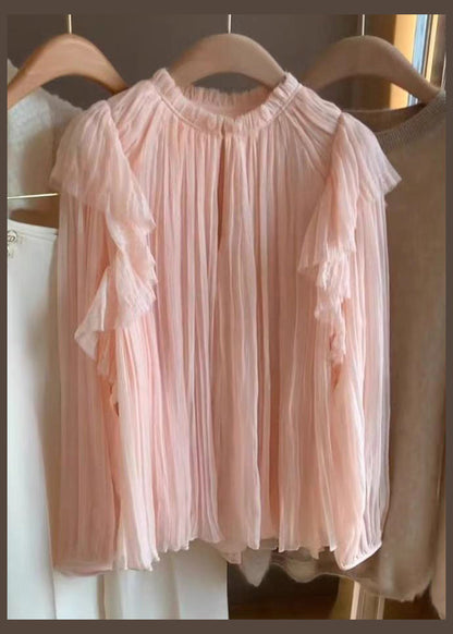 Pink Ruffled Patchwork Chiffon Tops Long Sleeve
