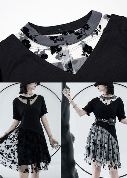 Black White Tulle Patchwork Cotton Dresses Print Short Sleeve