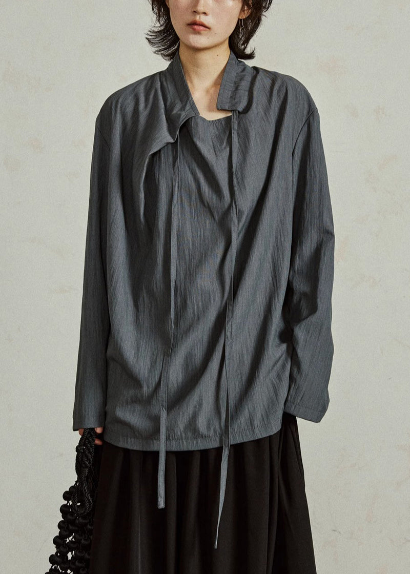 Grayish Blue Lace Up Cotton Shirts Stand Collar