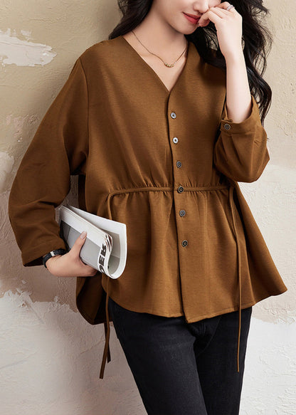 Coffee V Neck Button Lace Up Cotton Shirt Top Fall