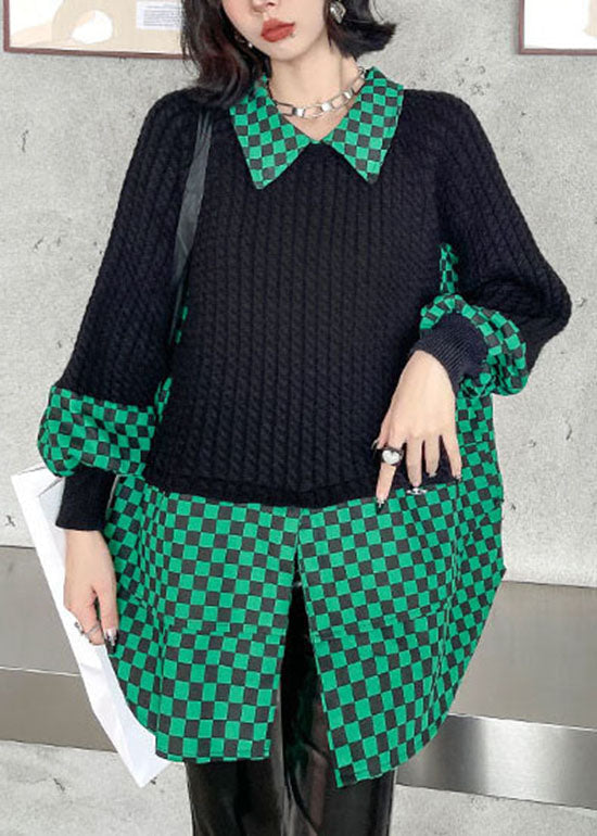 Green Peter Pan Collar Plaid Patchwork Knit Pullover Spring