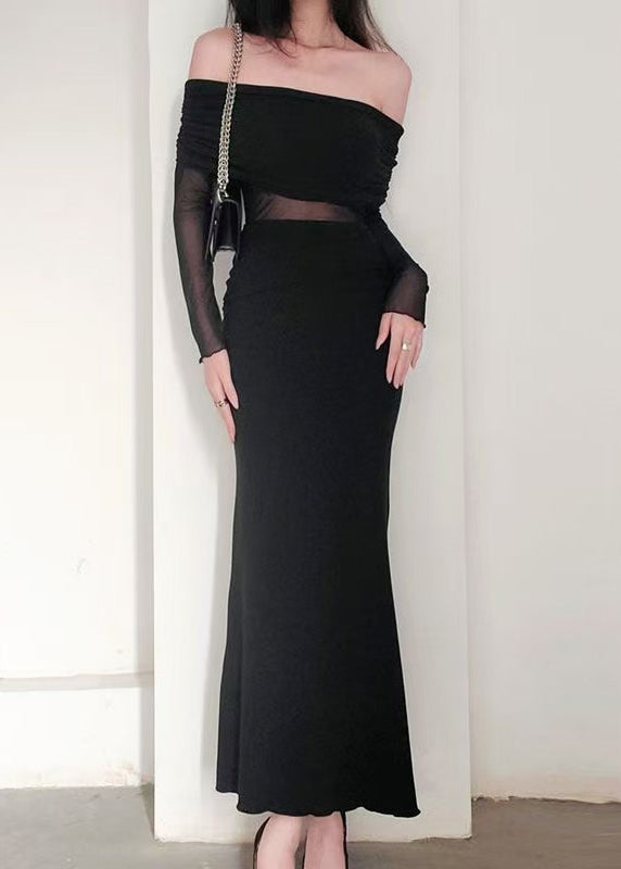 Black Slash Neck Tulle Patchwork Long Dress Spring