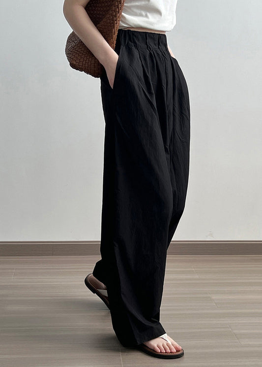 Black Pockets Cotton Wide Leg Pants Elastic Waist Wrinkled Fall