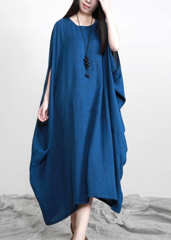 Stylish Blue Batwing Sleeve O Neck Linen Dresses