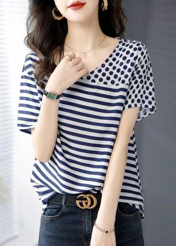 Blue O Neck Striped Dot Patchwork Silk Top Summer