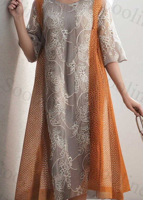 Orange O Neck Print Patchwork Silk Dresses Summer
