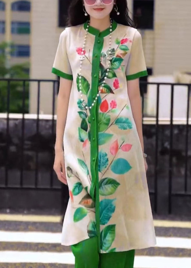 Classy Purple Stand Collar Print Button Draping Silk Long Shirts and Straight Pants Two Piece Set Short Sleeve