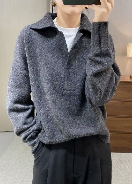 New Grey Peter Pan Collar Knit Sweater Tops Spring