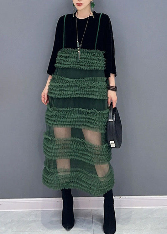 Black Patchwork Green O-neck Fake Two Pieces Tulle Long Dresses Long Sleeve