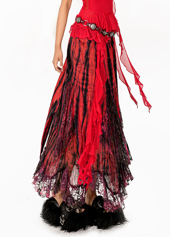 Red Tie Dye High Waist Lace Maxi Skirts Summer