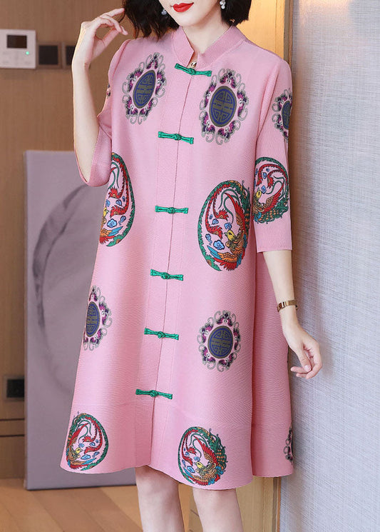 Pink Stand Collar Print Chiffon a Line Dress Half Sleeve